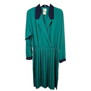 Popovitch Womens Dress Green Color Block Pleated Midi Collar Retro Plus 18 New